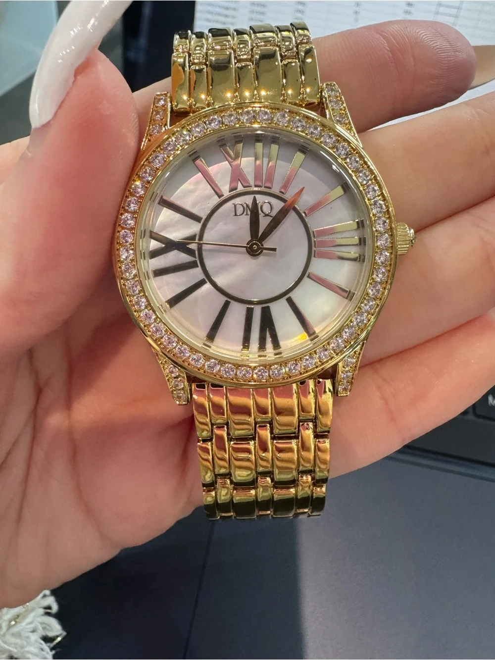 New Women's DMQ Gold Tone CZ Crystal Bezel Watch; Roman Numeral Face